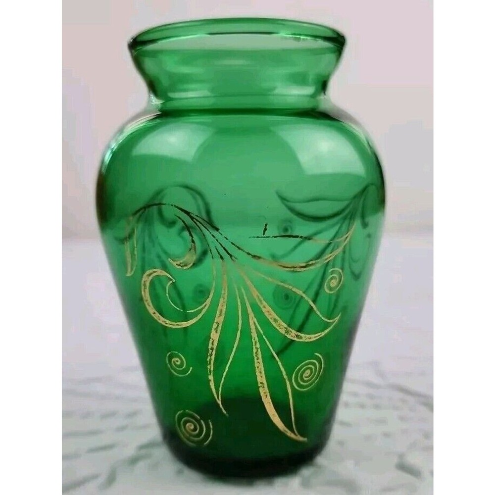 Vintage Anchor Hocking Emerald Green Glass Bud‎ Vase Gold Accents 3.75" Set Of 6